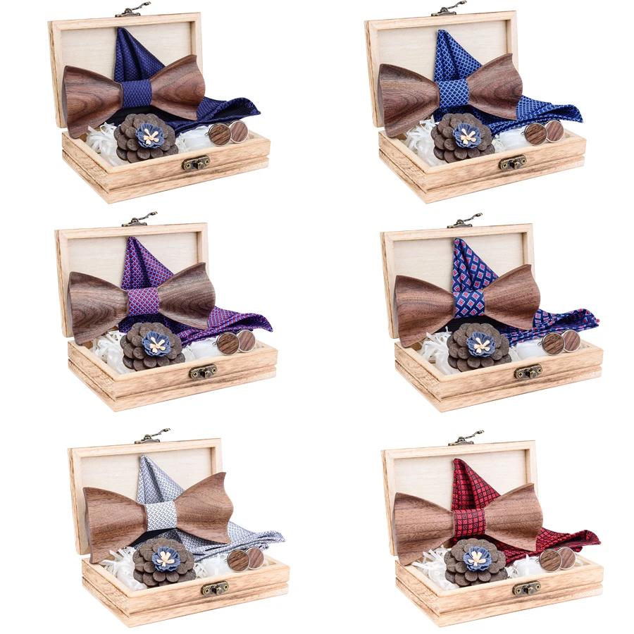 3D Wooden Bow Tie Perfect Mens Necktie Handkerchief Cuff Brooch Set for Mens Wedding Wood Bowtie with Box Gravata