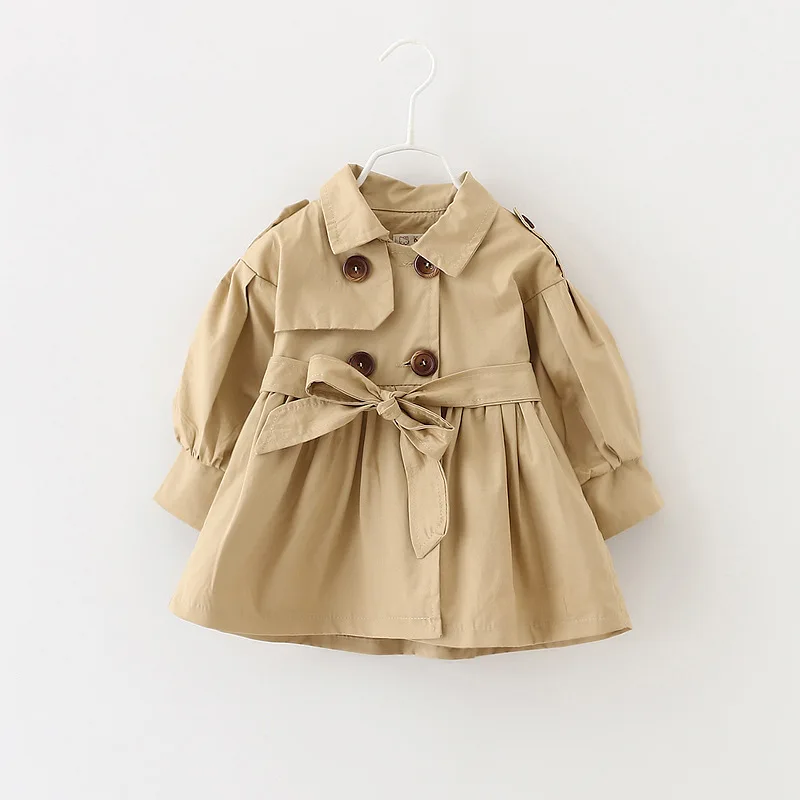 
British style Spring and Autumn Infant Child Solid Color Tops Baby Girl jacket Belt Waist Windbreaker Baby Trench Coat 