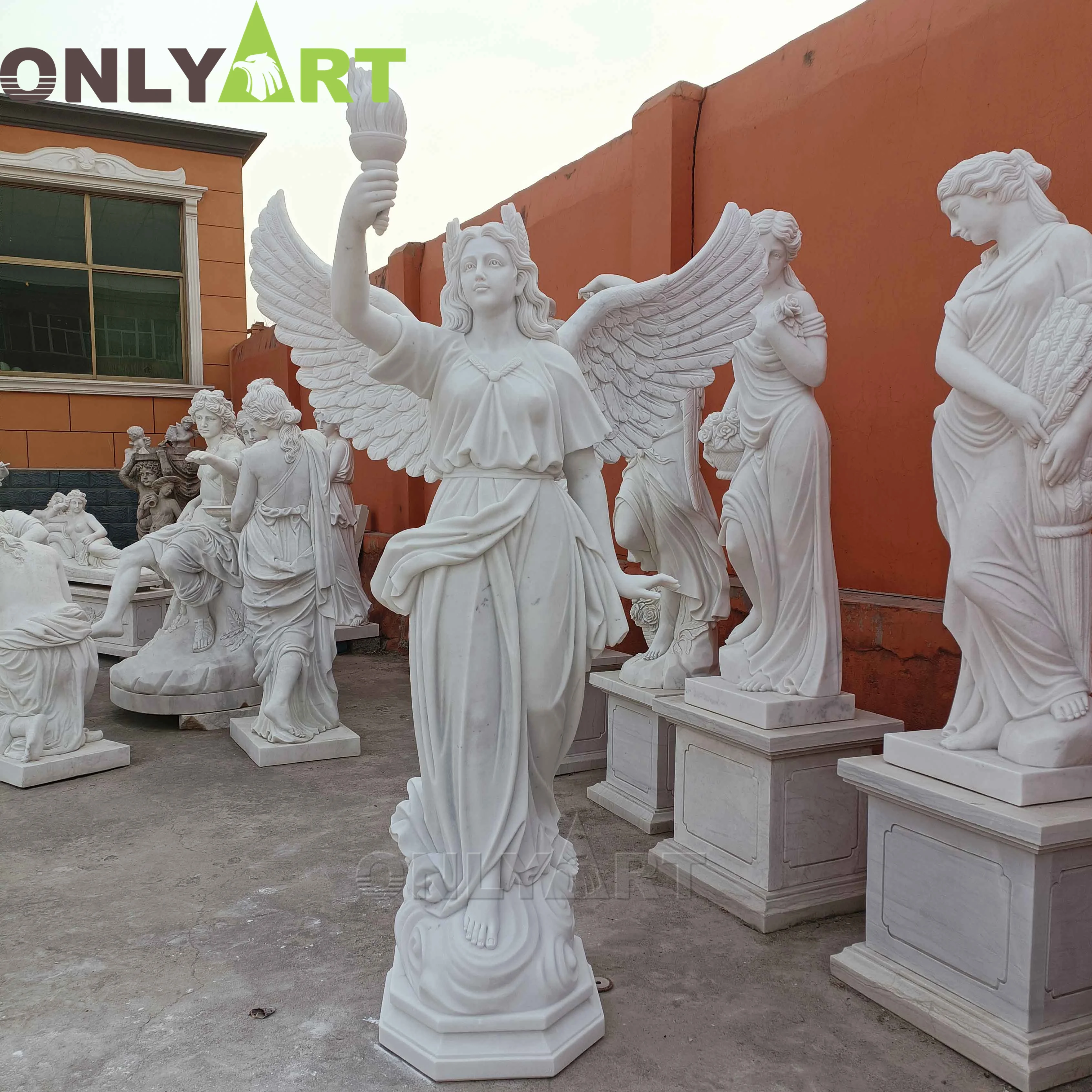 Outdoor Garden Hand Carved Natural Life Size Stone White Marble Male Angel Sculpture With Wings