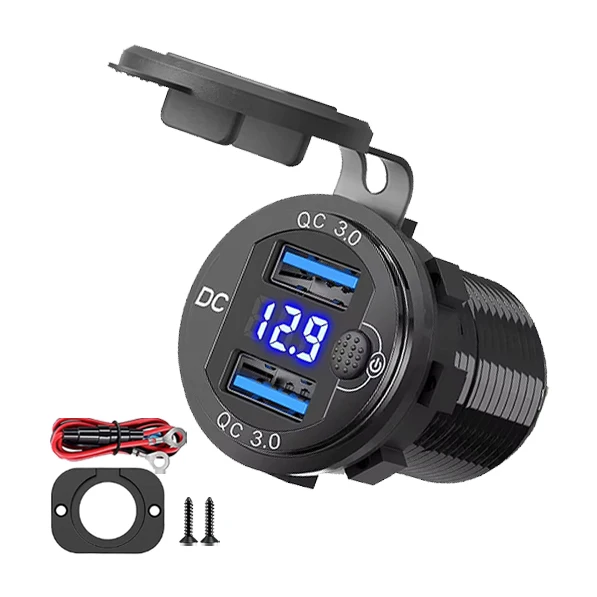 DC 12V 24V Aluminum Car Charger Socket QC3.0 Dual Port with Voltmeter Display and panel for Car Boat Motorcycle Truck