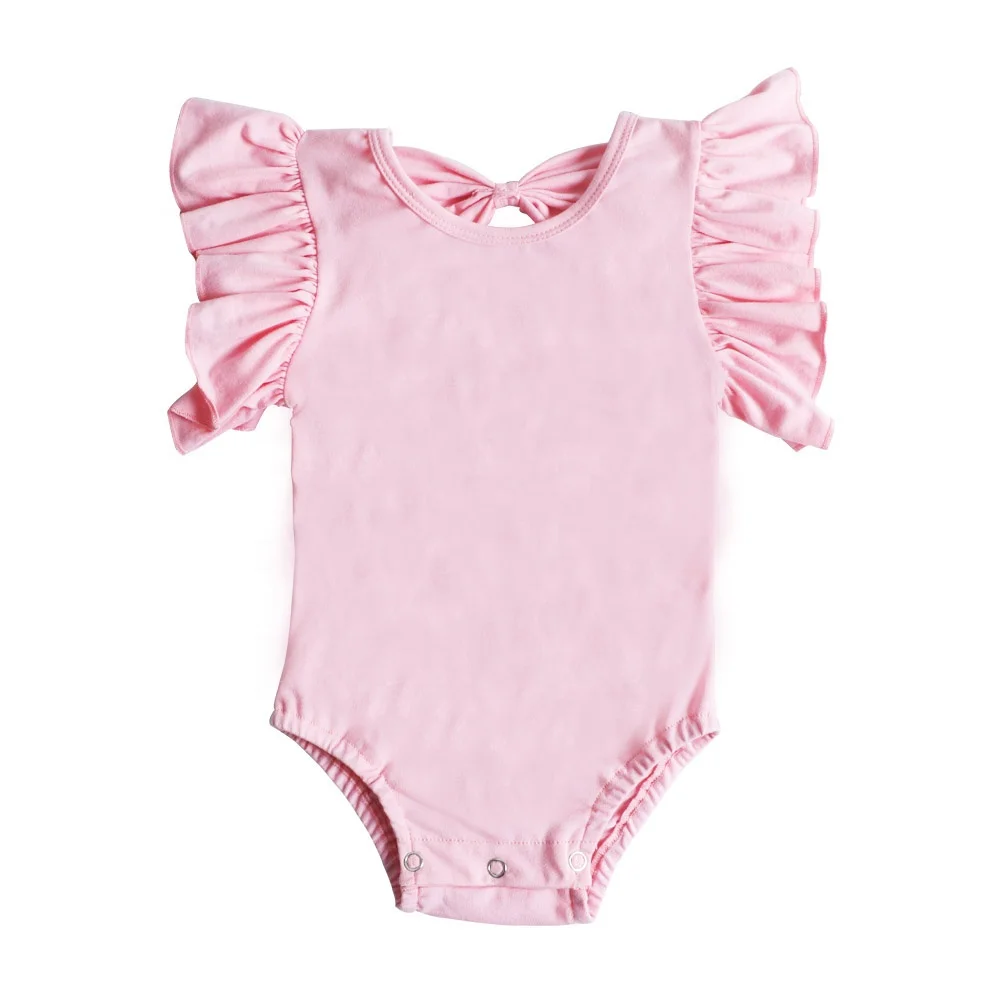 newborn baby romper knit cotton summer clothing Infant Baby ruffle romper back with bow knot baby girl flutter sleeves romper