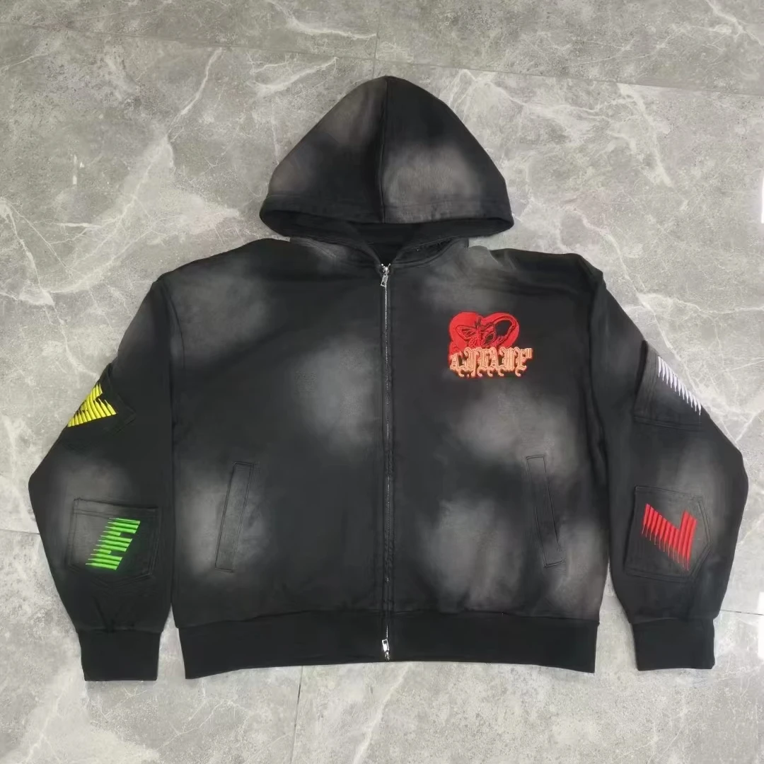 clothing manufacturers custom acid wash distressed embroidery hoodie oversized boxy cropped streetwear hoodies for men