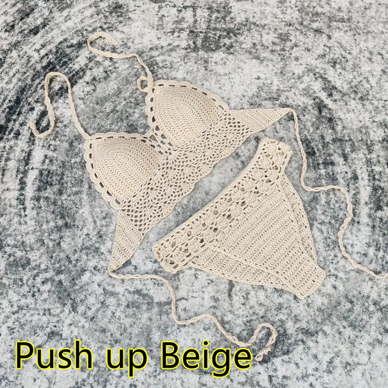 3Colors Push Up Swimsuit Crochet Bikini Set Cotton Woman Beachwe handmade crochet bikini swimsuit swimsuit with chest pad lining