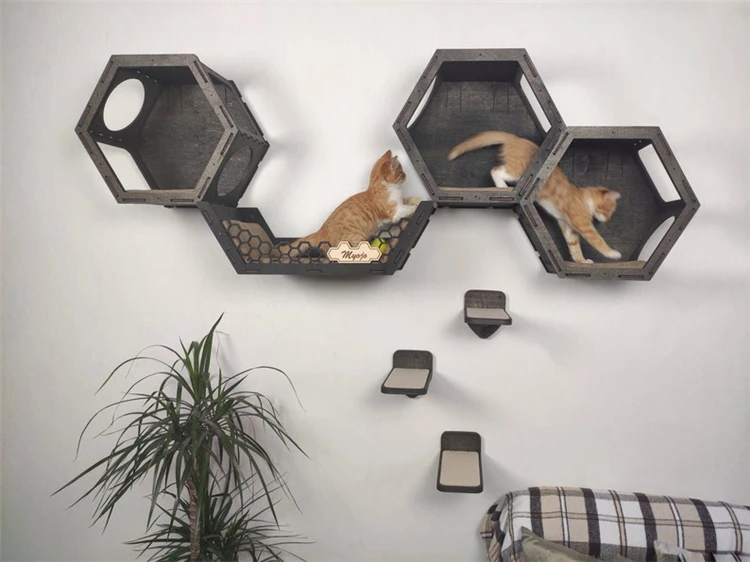 Hot Sale Durable Practical Solid Wood Hexagon Shelves Cat Tree Modern Cat Wall Furniture Cat Climbing Wall