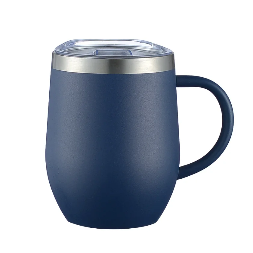 12oz powder coated coffee cup with handle  stainless steel wine tumbler egg shape double-layer vacuum insulation mug
