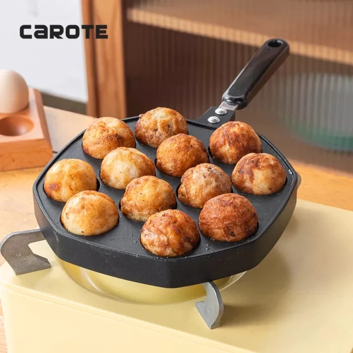 Non-stick Takoyaki Pan Octopus Grill Pan Japanese Style PFOA FREE Takoyaki Pan Maker Cast Iron Carote 12 Holes Home Cooking