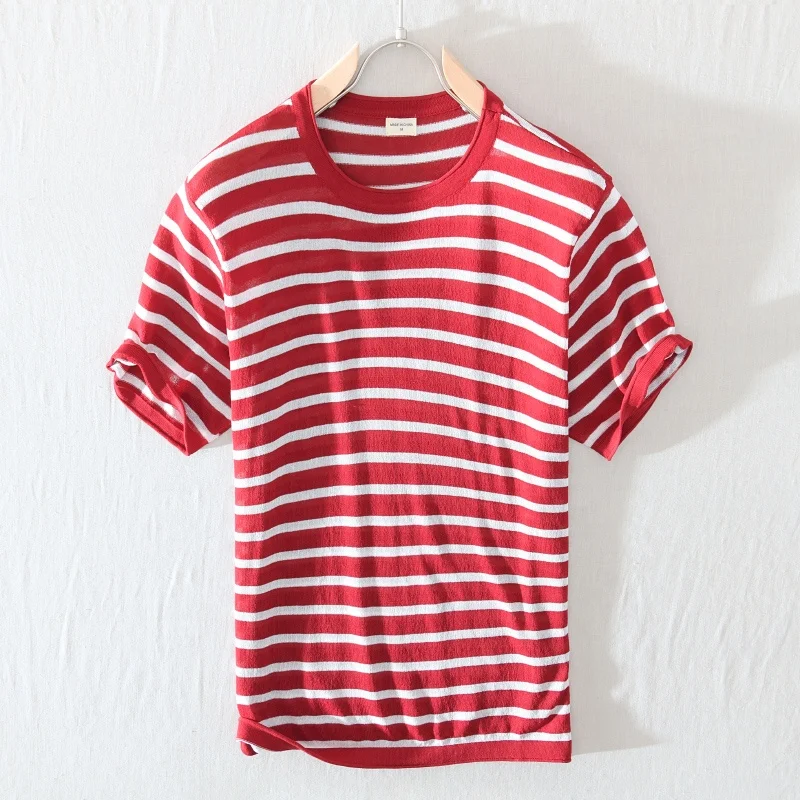men high quality oversized t shirts stretch linen striped full size t-shirt crew neck for summer