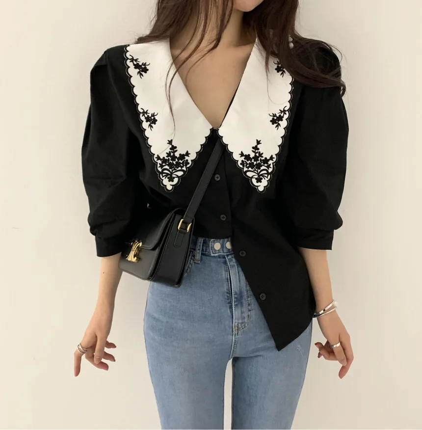 CS203 Korean Fashion Vintage Color Block Sweet Turn Down Collar Embroidery Blouse Women Stylish Blusas Tops
