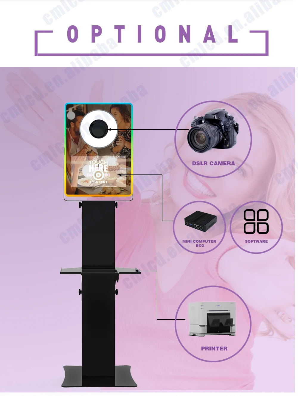 Prefect mini mirror light weight aluminum shell easy assembly touch screen display dslr flash photo booth with printer stand