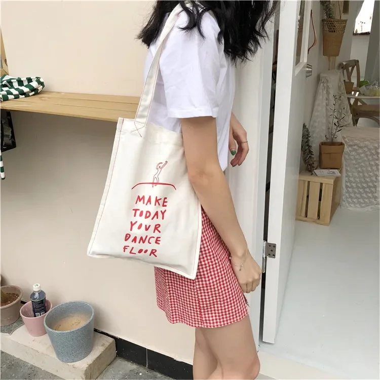 Custom Simple Handbag Red Letter Printing Art Reusable Shoulder Bags Summer Ladies Canvas Book Shopping Totes Bag