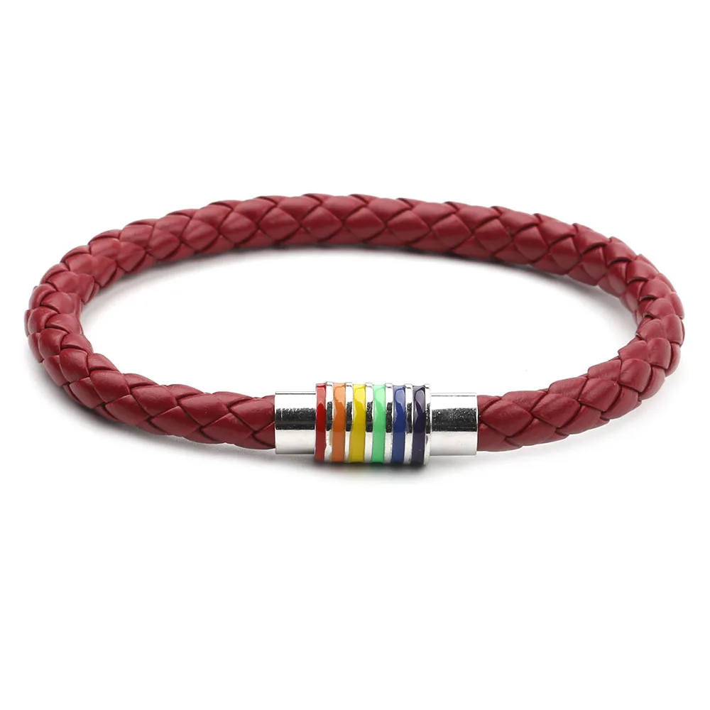 Genuine Braided Leather Bracelet Custom Women Men Stainless Steel  Rainbow Magnetic Clasp Charms Bracelet Gift Gay Pride Black B
