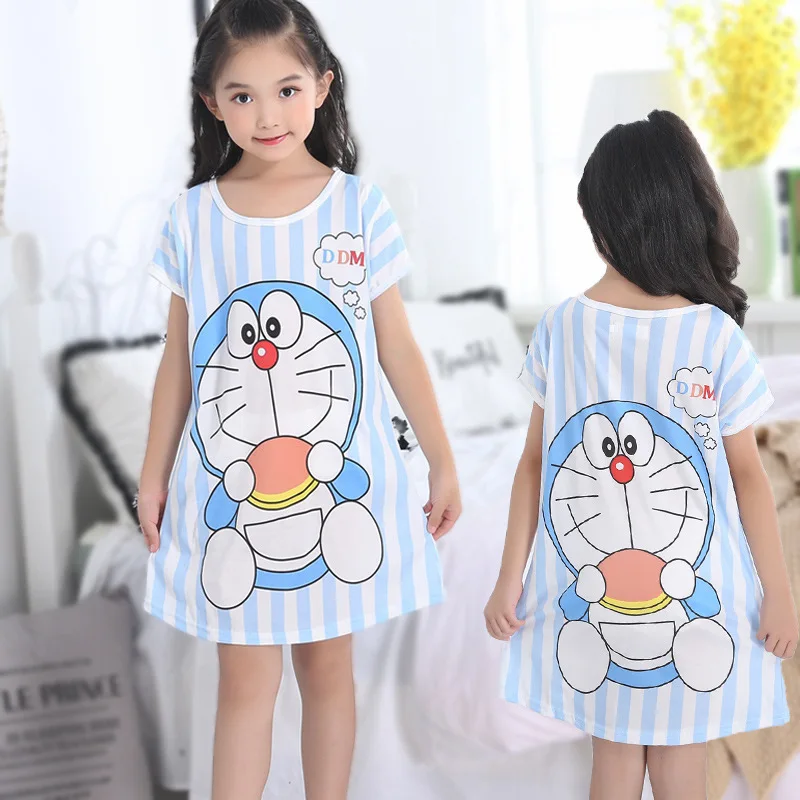 Wholesale Cute Cartoon Summer Girls Wear Thin Short-sleeved Pajamas Nightdress Kids Girls Lovely Indoor Home Dress Sleepwear
