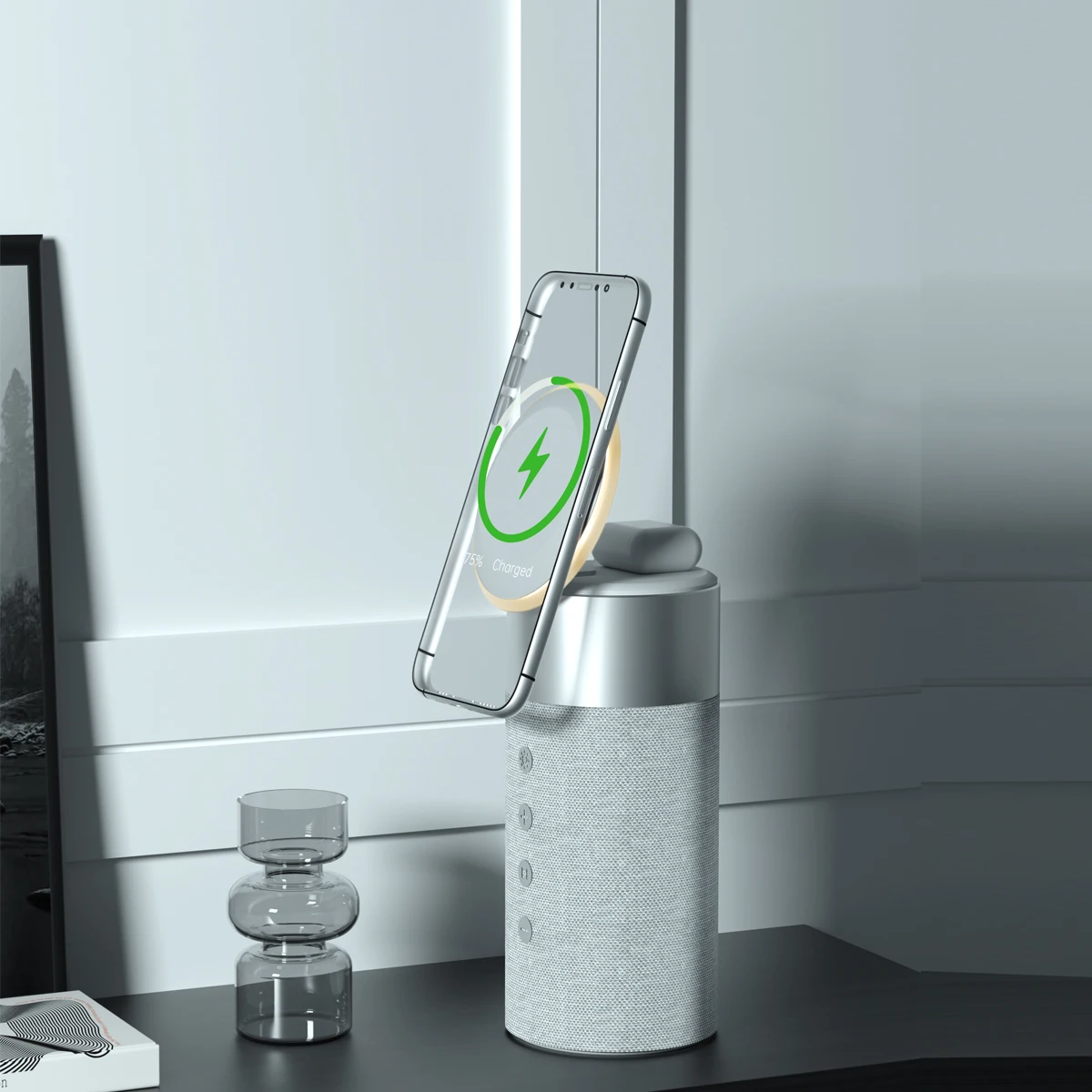 Custom Logo Trending Product BT Speaker Wireless charger For iphone  LED  Warm Light Portable Phone charger Stereo Sound Speaker