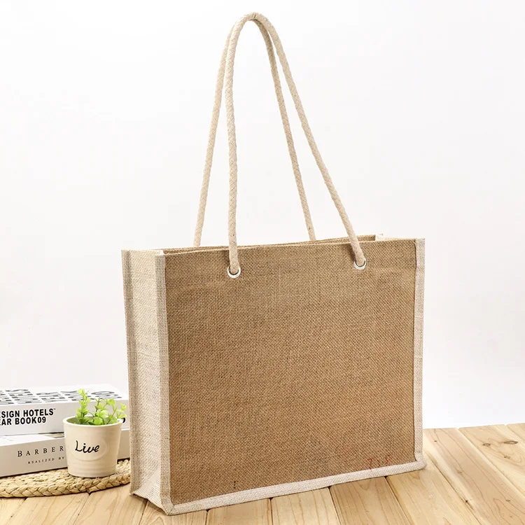 YIMYIK Natural Burlap Handbag Embroidered Printed Jute Bag with Reusable Jute Bag Laminated Handle