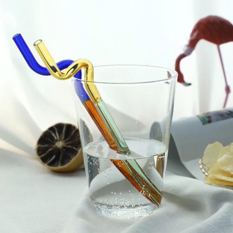 High quality custom reusable cute flower colored bent cupful borosilicate glass straw with charm hook design set