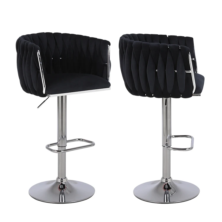 Modern Luxury Velvet Metal Swivel Adjustable Height Bar Stool With Backrest And Footrest