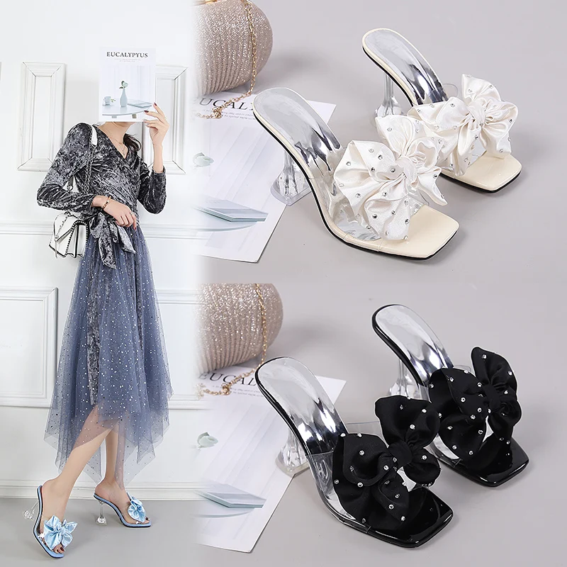High quality satin bow with rhinestone women shoes high heel sandals designer sandals ladies slippers sandals