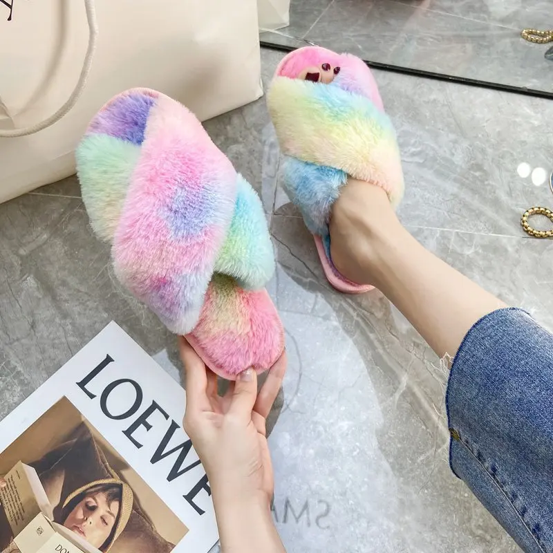 
Woman Furry Fashion Faux Fluffy Home Bedroom Slipper Colorful Slides Ladies House Soft Designer Fur Bed Slippers 