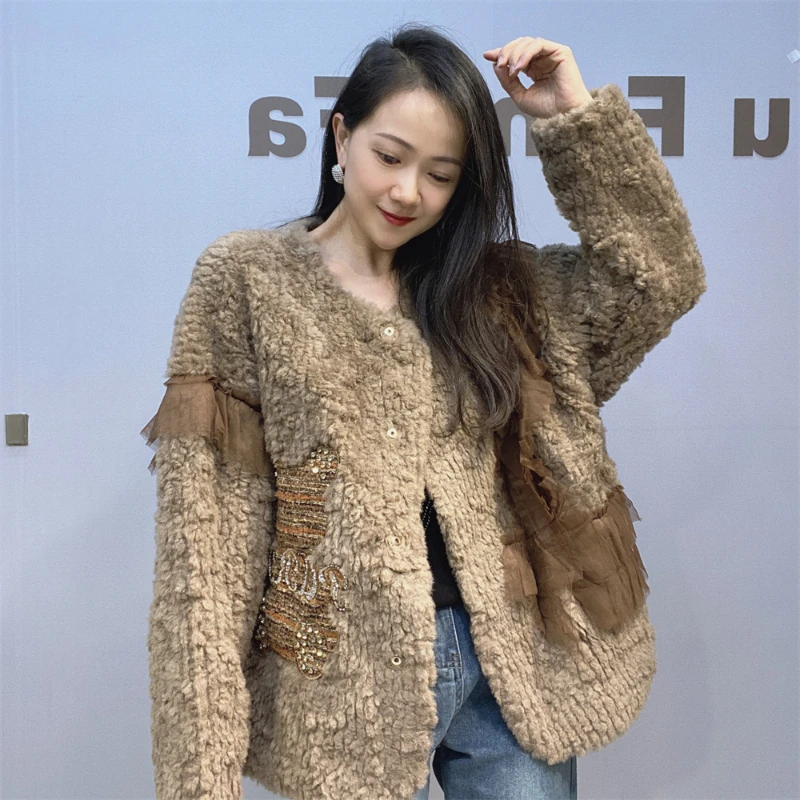 Lace Splicing Imitation Mink Fur Jacket for Women Crew Neck Fluffy Coat Female Winter New Loose Fur Integrated Jacket