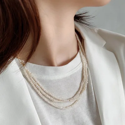 Light Luxury Sterling Silver Freshwater Pearl Necklaces Multi Layers Silver Pearl Necklace For Gifts