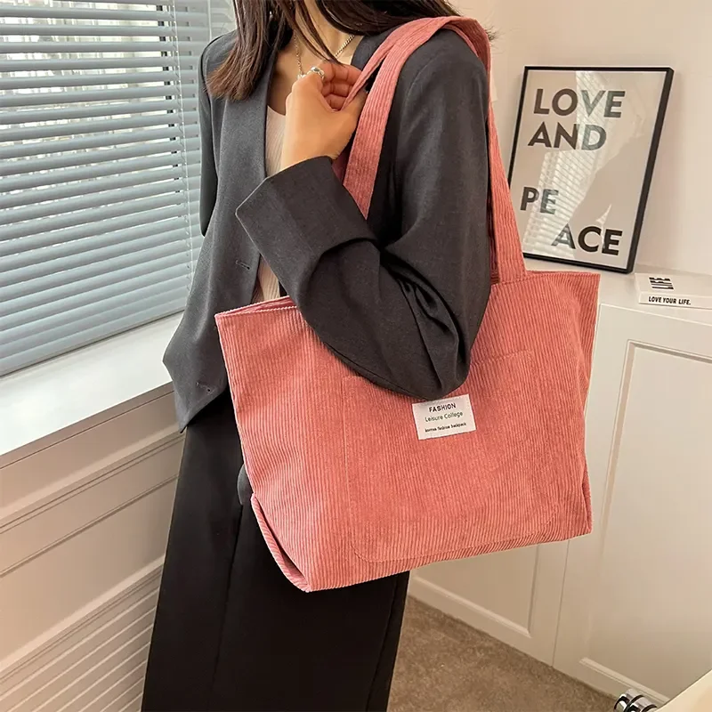 Hot Selling Fashion Reusable Large Capacity Zipper Shoulder Women Corduroy Tote Bag