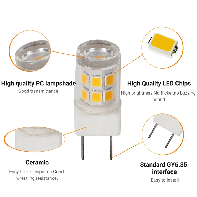 Hot Selling Strobo-free High Brightness GY6.35 2W 120V Led Bulb China Factory Ceramic+Pc Material Mini Corn