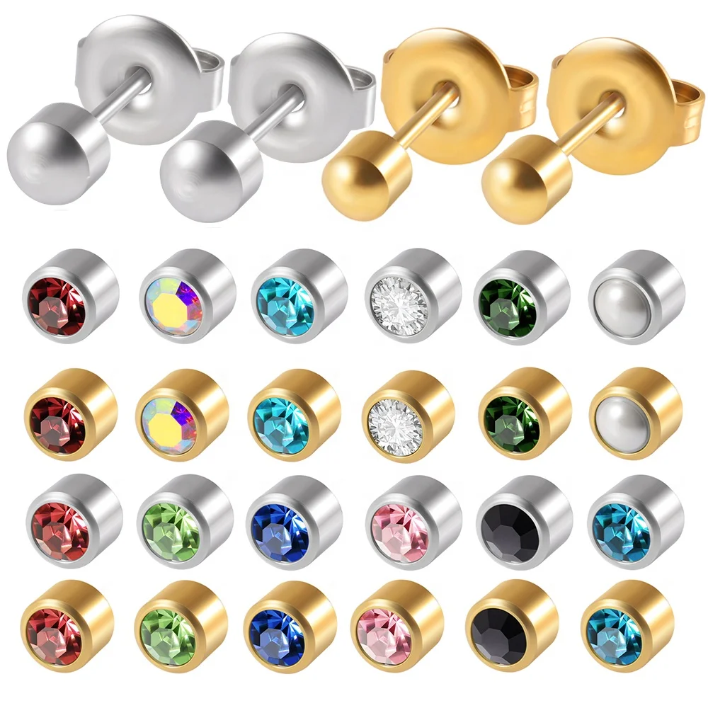 12Pairs/Dozen Sterilized Surgical Steel Birthstone Gem Earrings Blister Packaging Tragus Cartilage Jewelry
