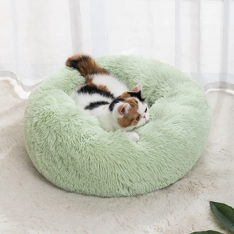 2022 Hot Sale Faux Fur Fluffy Plush Warm Donut Designer Custom Comfortable cushion round hot style Washable Dog Cat Bed