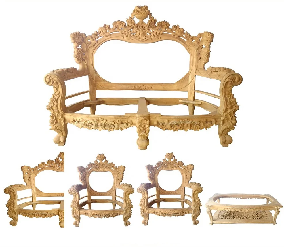 Teak Wooden Carved Handmade Sofa Set unfinished furniture frame living room sofa Living Room Furniture 3