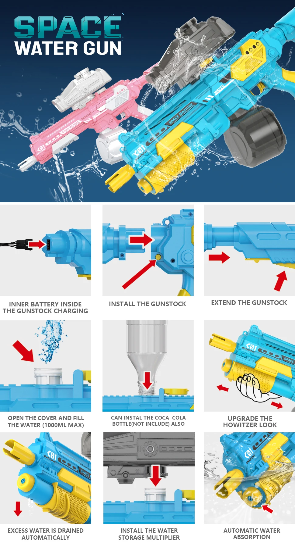 75CM  Large Automatic water absorption Electric Water Guns for Adult Kids,Electric Squirt Gun,Continuous Automatic Water Gun