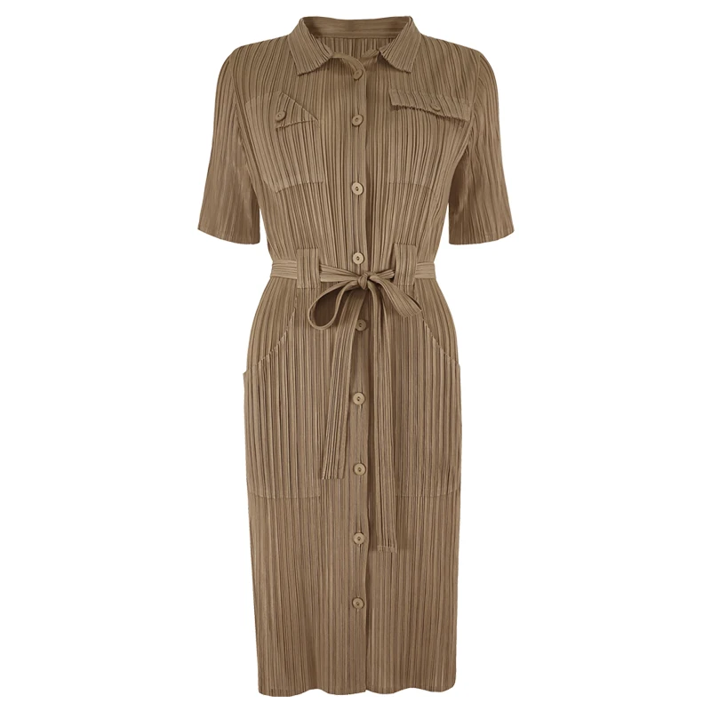 2021 Miyake European and American ladies high-end elegant fashion temperament plain short sleeve shirt large skirt wholesale