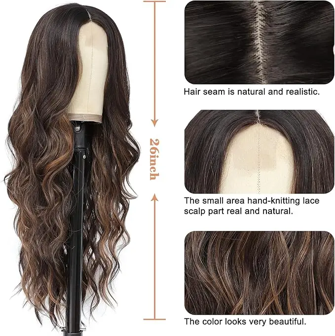 Blonde Wig With Bangs Long Wavy Curly Ombre Wig with Dark Root Synthetic Heat Resistant Fiber Hair for Women Daily Party Use