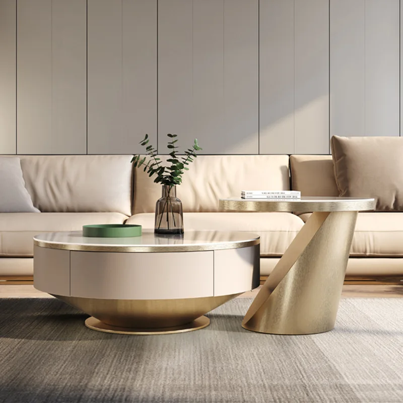 Luxury round Rock Board Coffee Table with Drawers Creative Designer Modern Simple Style for Home Living Room Furniture