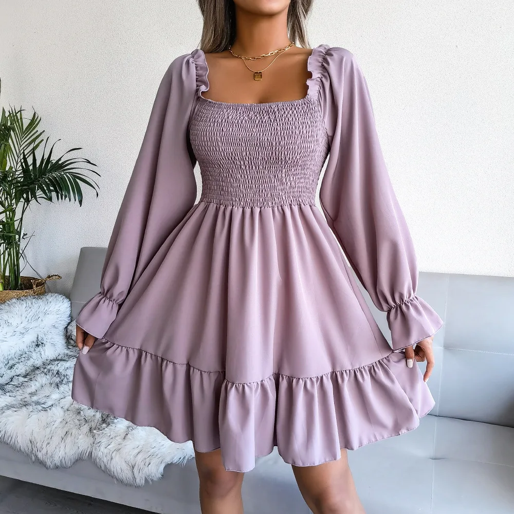 YUNNES Long Sleeves 2023 Women Clothing Pleated Fit and Flare Ladies Casual Korean Dresses