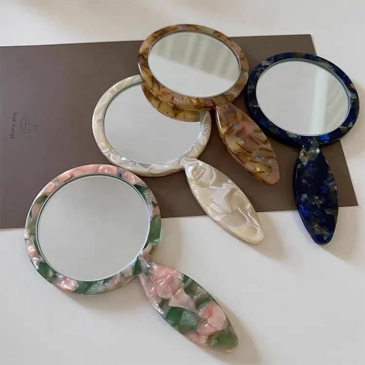PEICHI wholesale Tortoise Shell acetate Pocket round Mirror with handle marbling color Makeup Mirrors