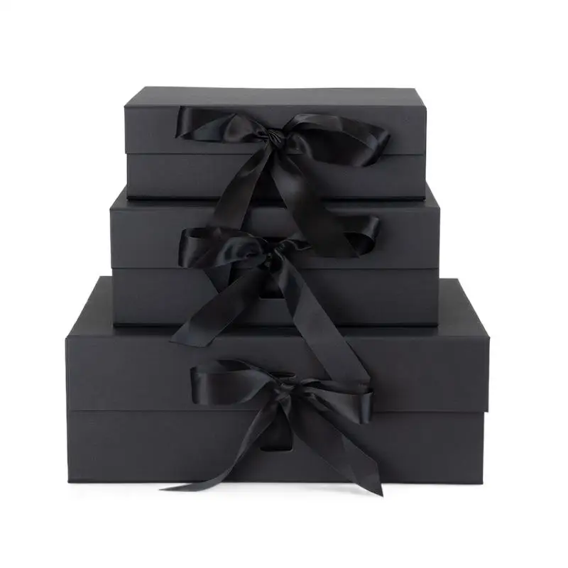 Custom personal logo magnetic black box ready to ship large black luxury gift boxes for gift sets with ribbon