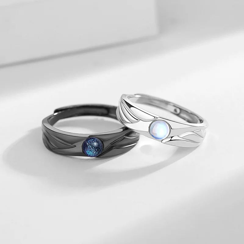 Wholesale 2Pcs/Set Couple Jewelry Angel and Demon Couple Ring Vintage Glazed Moonstone Adjustable Open Ring  For Men Women