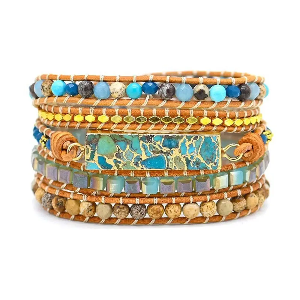Gold Thread Braided Bracelet Gold Edging Crystal Alloy Beads Natural Stone Beaded Bracelet
