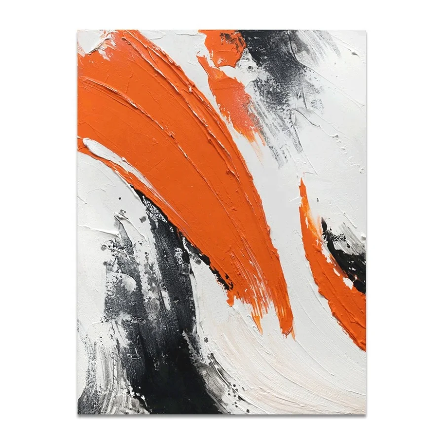 Modern Simple Original Vibrant Orange Black White Hand-painted Texture Thick Oil Abstract Living Room  Wall Art