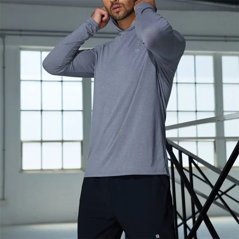 2023 Sportswear nylon spandex men running clothes gym lightweight sports elastic long sleeve t shirts with hood