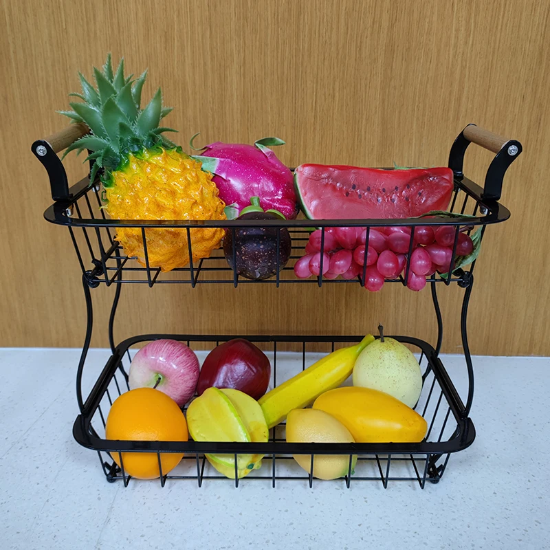 Nordic 2 tiers metal kitchen stand fruit vegetable wire basket holder rack shelf with wooden handle