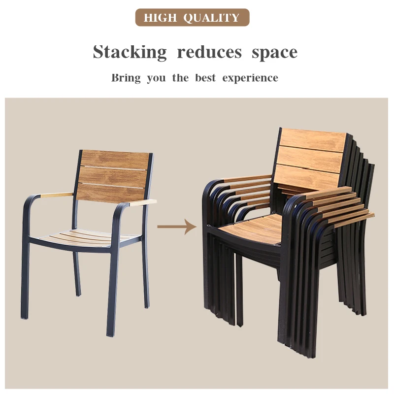 Fashionable teak wood colors outdoor furniture dining 9 pcs Plastic wood stacked tables and chairs garden sets