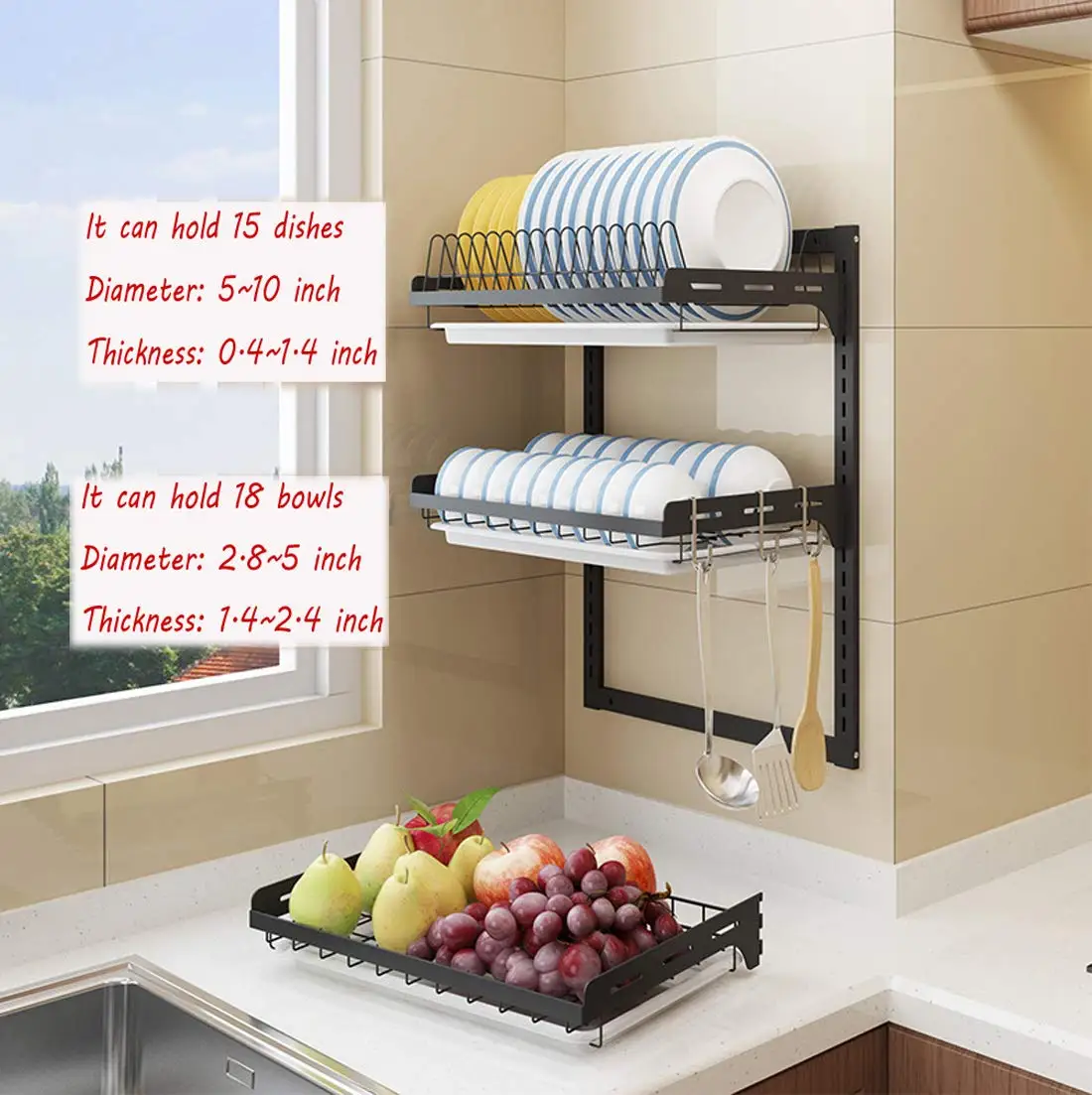 2 3 Tiers L Shape 201 Stainless Steel Kitchen Wall Mounted Dish Storage Rack With Detachable Drain Water Tray
