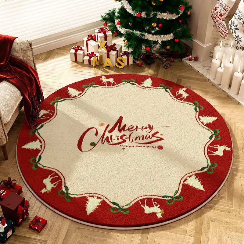 Round Christmas living room imitation cashmere floor mat, dirt-resistant absorbent non-slip mat, home study bedroom soft carpet