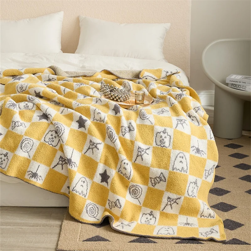 Halloween Candy Pumpkin Ghosts Checker Microfiber Knitted Throw Blanket for Home Decoration Winter WSJLY