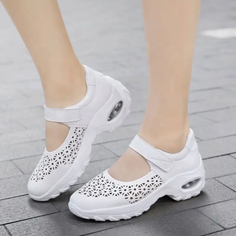 Hot Selling Lightweight Plus Size Nurse Shoes Hollow Leather Dance Breathable Deodorant Non-Slip Round Toe Sneakers
