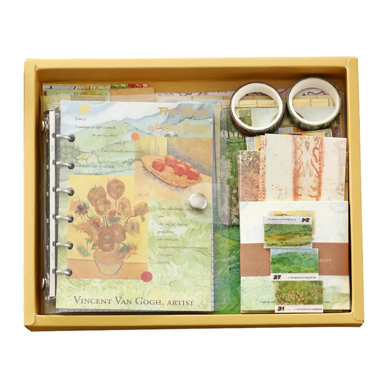 A6 Vintage Notebook Agenda 2024 Washi Tape Stationery Supplies Set Kids School Gift Box oil painting Stickers supplies van gogh
