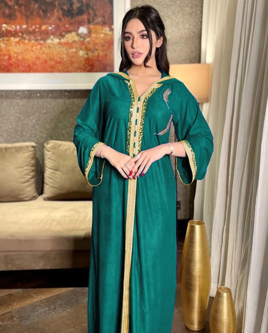 Hot Selling Ramadan Eid Jalabiya Fashion Muslim Dubai Arabic Hooded Abaya Dress Moroccan Kaftan Diamond Jalabiat Women Robe 2023