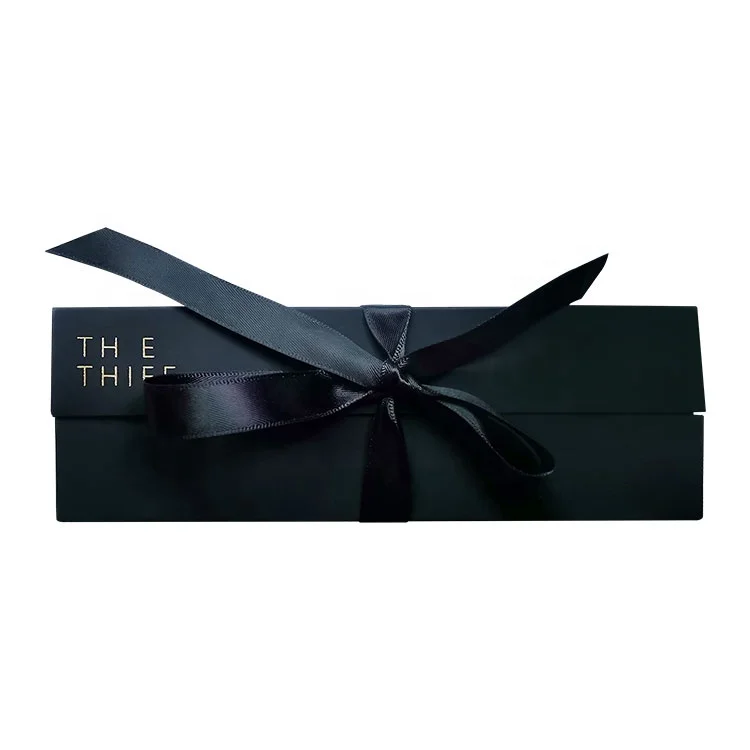 Custom black soft touch paper box gold stamping logo gift box pen packaging with ribbon closure