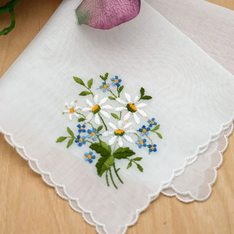 wholesale custom scalloped cotton Embroidered Hankie Gift for Grandma Wedding Handkerchief